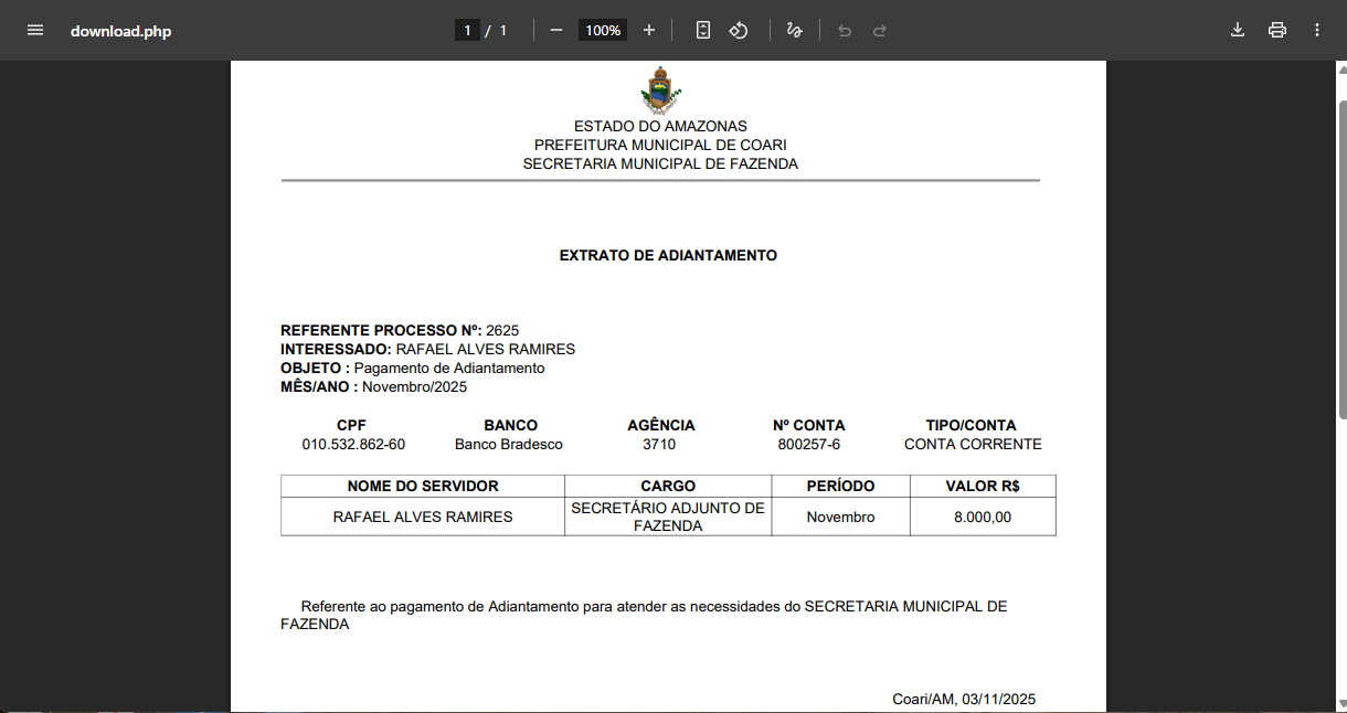 Adiantamento — Adiantamento Extrato