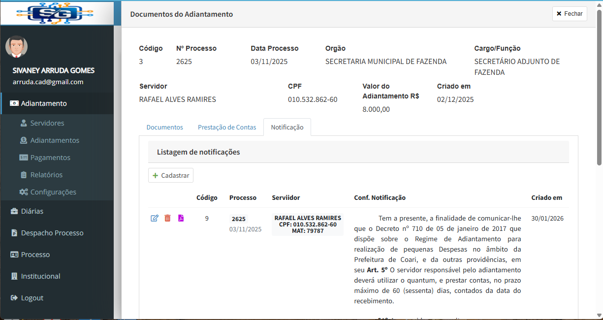 Adiantamento — Adiantamento Notificacao