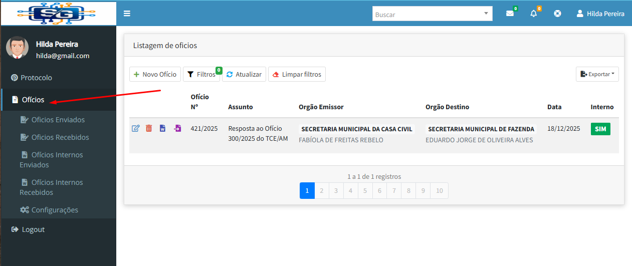 Ofícios — Oficio List